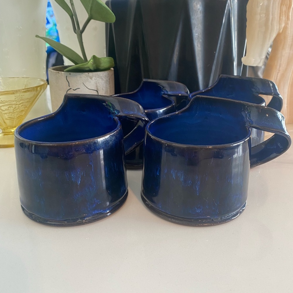 Handmade Ceramic Mugs Set Of 4 Royal Blue Stamped